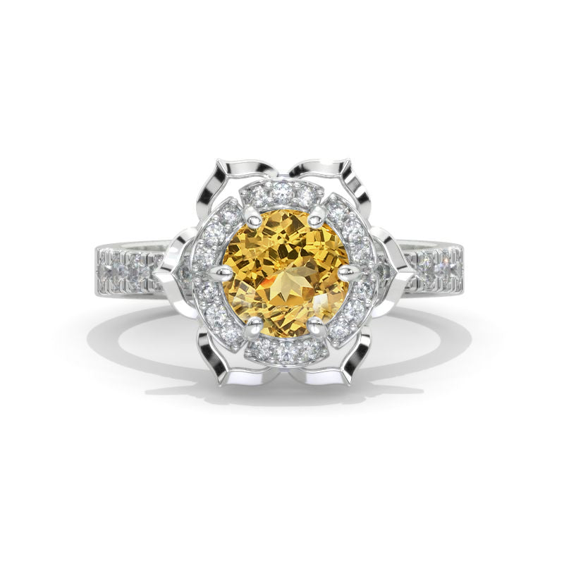 1.7 Carat Flowers Halo Vintage Style Genuine Yellow Citrine Engagement Ring 14K White Gold Model 1141-7