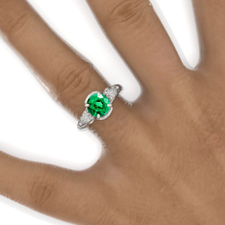 Floral Leaves Emerald Engagement Ring 14K White Gold Model 1142