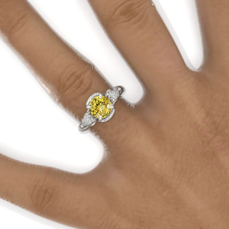 Floral Leaves Yellow Sapphire Engagement Ring 14K White Gold Model 1142
