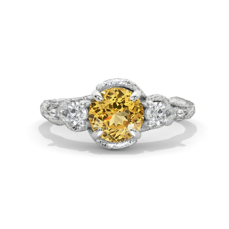 Floral Leaves Genuine Yellow Citrine Engagement Ring 14K White Gold Model 1142