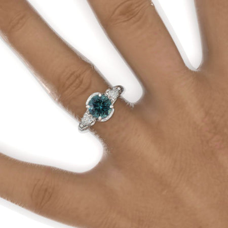Floral Leaves Teal Sapphire Engagement Ring 14K White Gold