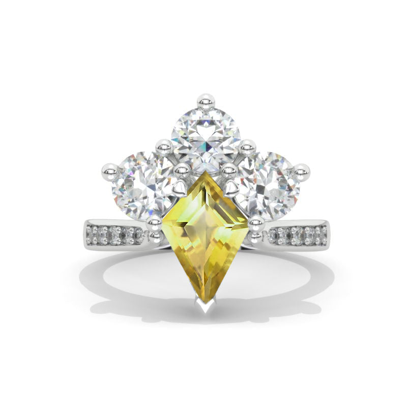 14K White Gold 2.5 Carat Kite Genuine Yellow Citrine Halo Engagement Ring Model 1009-12x8