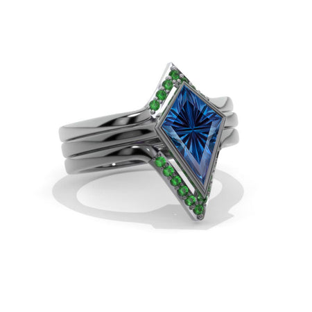 14K White Gold 3 Carat Kite Fantasy Cut Alexandrite Bezel Engagement Ring, Emerald Three Rings Set