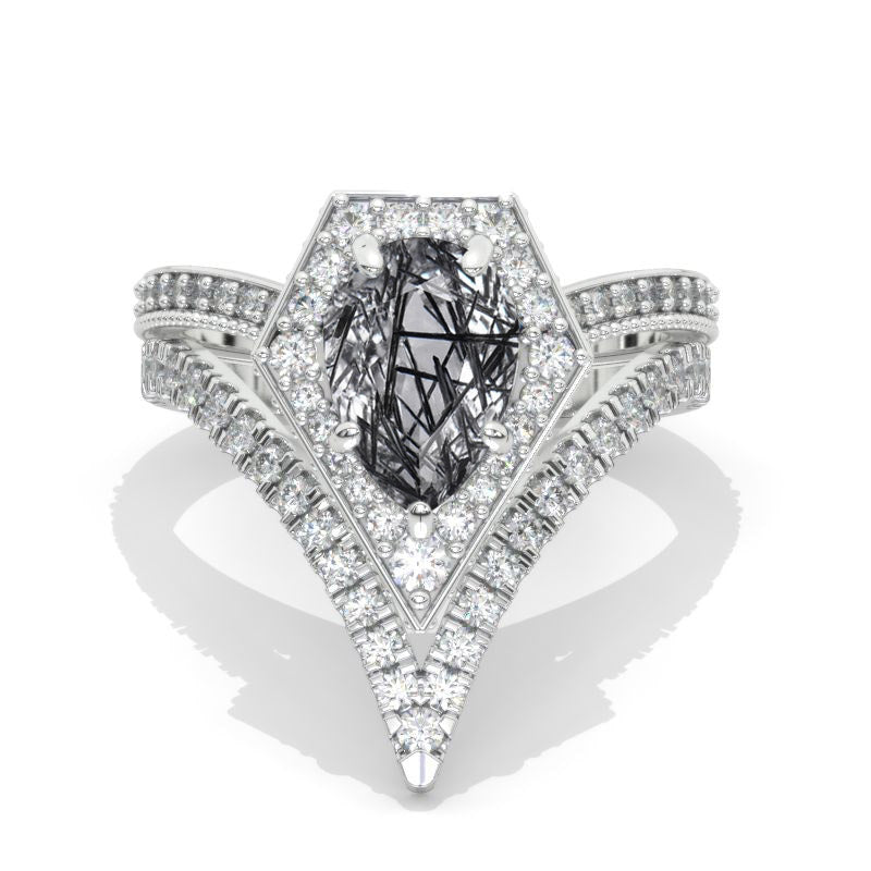 3 Carat Pear Halo Natural Rutilated Quartz Engagement 14K White Gold  Ring Eternity Ring Set