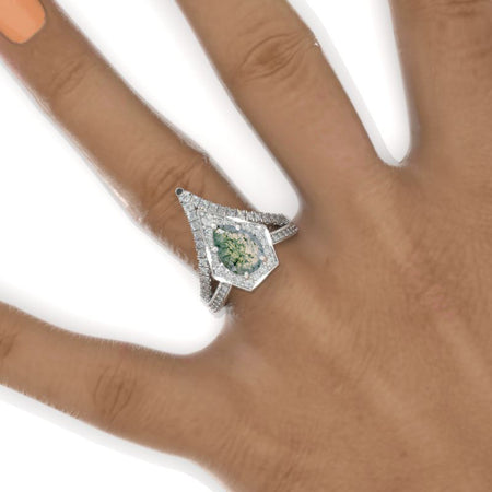 3 Carat Pear Halo Genuine Moss Agate Engagement 14K White Gold Ring Eternity Ring Set