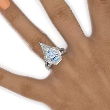 3 Carat Pear Halo Genuine Aquamarine Engagement 14K White Gold  Ring Eternity Ring Set