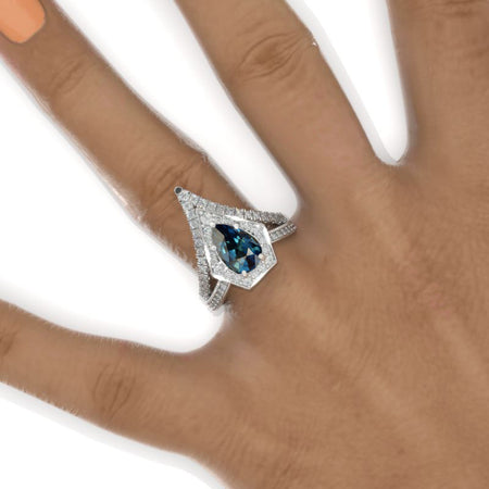 3 Carat Pear Halo Teal Sapphire Engagement 14K White Gold  Ring Eternity Ring Set