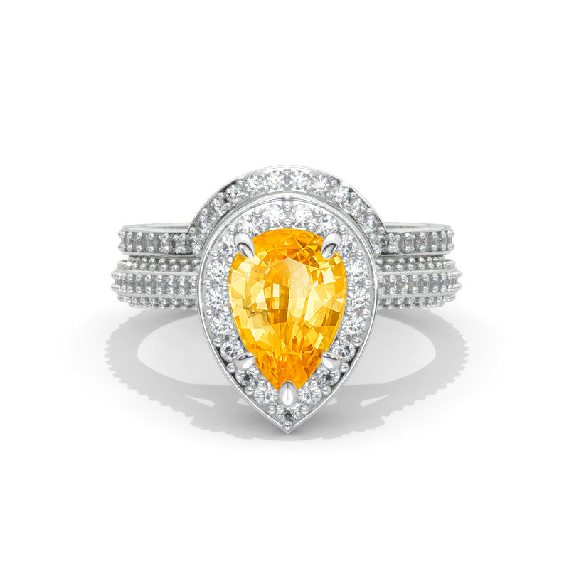 3 Carat Pear Halo Genuine Yellow Citrine Engagement 14K White Gold  Ring Eternity Ring Classic Set Model 1145