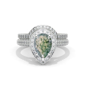 3 Carat Pear Halo Genuine Moss Agate Engagement 14K White Gold  Ring Eternity Ring Classic Set