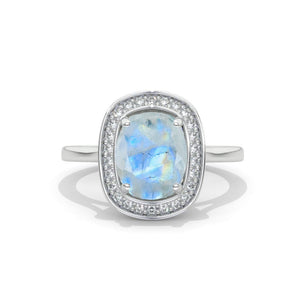 4 Carat Cushion Cut Vintage Style Halo Genuine Moonstone 18K White Gold Engagement Ring