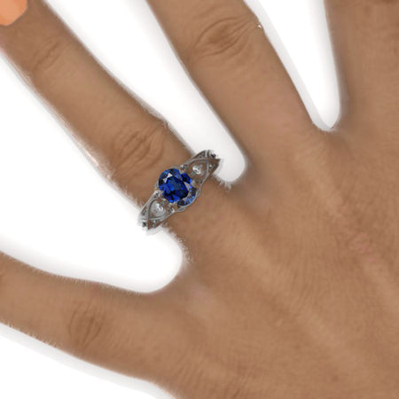 14K Black Gold Oval Royal Blue Sapphire Celtic Engagement Ring Model 33A-8x6