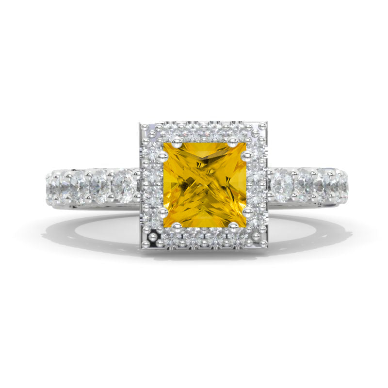 1.5 Carat Princess Cut Genuine Yellow Citrine Giliarto Halo Gold Engagement Ring Model 1021-6x6