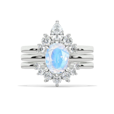 2 Carat Oval Genuine Moonstone Engagement 14K White Gold Three Fairy Tail Ring Eternity Ring Set