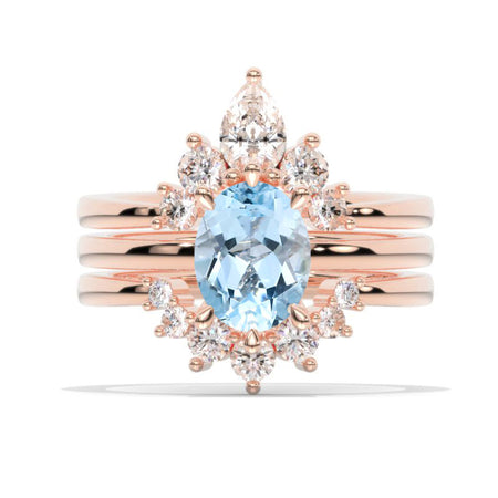 2 Carat Oval Genuine Aquamarine Engagement 14K White Gold Three Fairy Tail Ring Eternity Ring Set