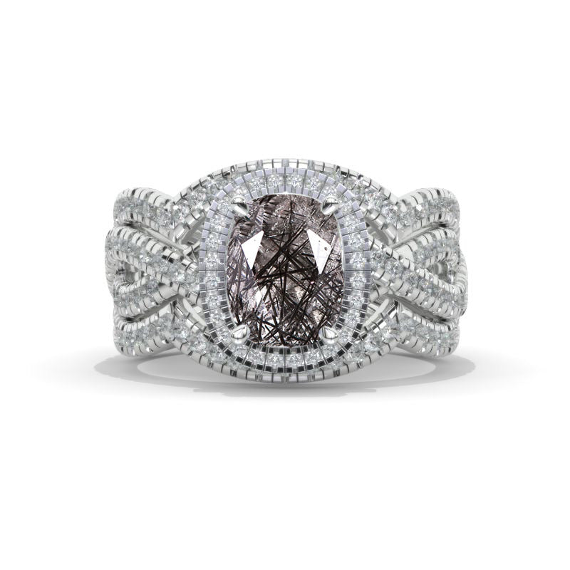 2.5 Carat Rutilated Quartz Elongated Cushion Halo Engagement 14K White Gold Three Ring Eternity Ring Set
