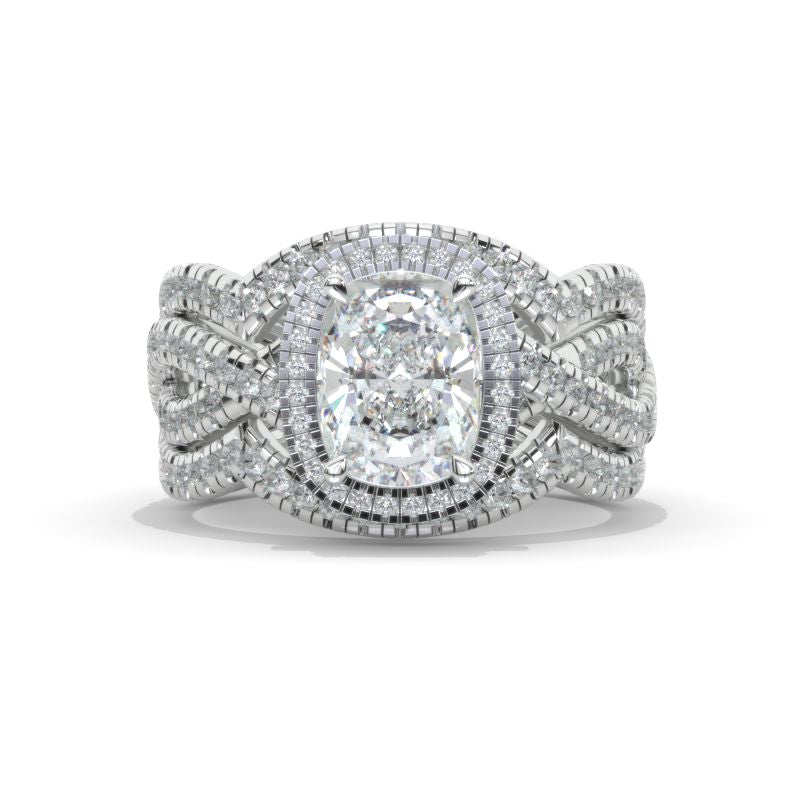 2.5 Carat Moissanite Elongated Cushion Halo Engagement 14K White Gold Three Ring Eternity Ring Set