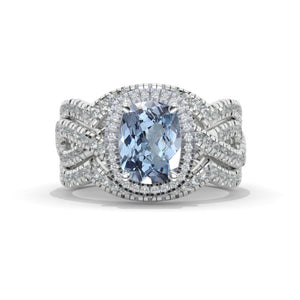 2.5 Carat Genuine Aquamarine Elongated Cushion Halo Engagement 14K White Gold Three Ring Eternity Ring Set