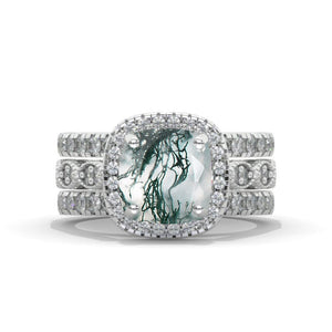 3 Carat Genuine Moss Agate Cushion Halo Engagement 14K White Gold Three Ring Eternity Ring Set