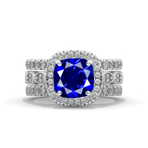 3 Carat Blue Sapphire Cushion Halo Engagement 14K White Gold Three Ring Eternity Ring Set