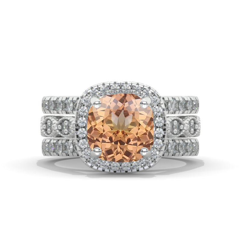 3 Carat Moissanite Cushion Halo Engagement 14K White Gold Three Ring Eternity Ring Set