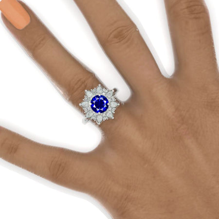 2 Carat Blue Sapphire Halo Floral Sunflower Gold Engagement Ring