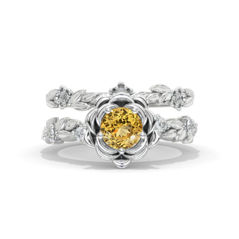 Round Genuine Yellow Citrine Floral Halo 14K White Gold Floral Fairy Tail Engagement Ring Set Model 1028