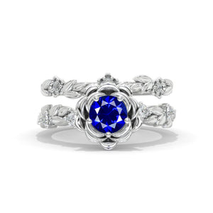 Round Blue Sapphire Floral Halo 14K White Gold Floral Fairy Tail Engagement Ring Set