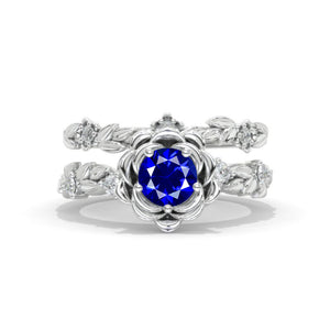 Round Blue Sapphire Floral Halo 14K White Gold Floral Fairy Tail Engagement Ring Set