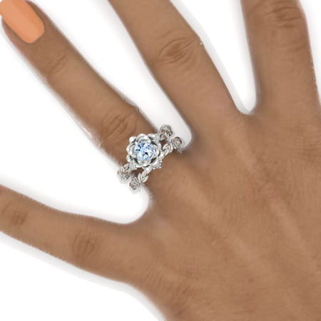 Round Genuine Aquamarine Floral Halo 14K White Gold Floral Fairy Tail Engagement Ring Set