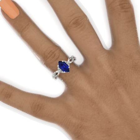 14K White Gold 3 Carat Hexagon Royal Blue Sapphire Floral Twisted Shank Engagement Ring Model 866-10x6