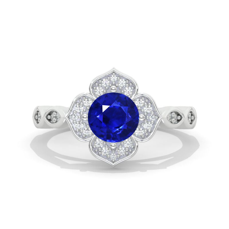 1.5 Carat Cushion Cut Vintage Style Floral Halo Blue Sapphire White Gold Engagement Ring