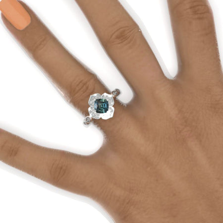 1.5 Carat Cushion Cut Vintage Style Floral Halo Teal Sapphire White Gold Engagement Ring