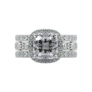 3 Carat Gray Moissanite Cushion Halo Engagement Diamond 14K White Gold Three Ring Eternity Ring Set