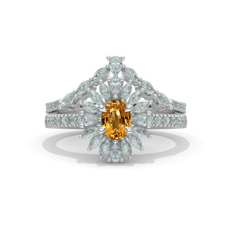 Oval Genuine Yellow Citrine Cluster Halo 14K White Gold Unique  Floral Engagement Ring Set Model 1004