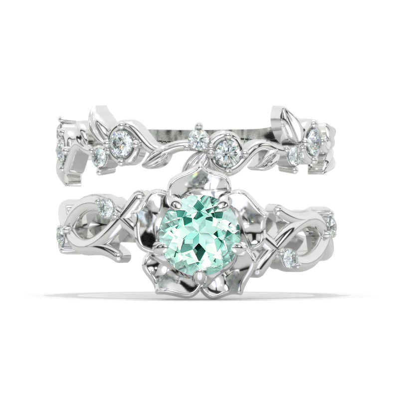 1 Carat Round Mint Sapphire Halo Floral Leaves Engagement 14K White Gold  Ring Eternity Ring Set