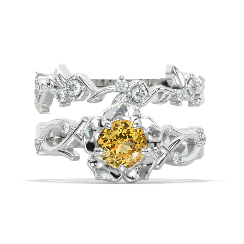 1.2 Carat Round Halo Genuine Yellow Citrine Floral Leaves Engagement 14K White Gold  Ring Eternity Ring Set Model 1151-6 NEW