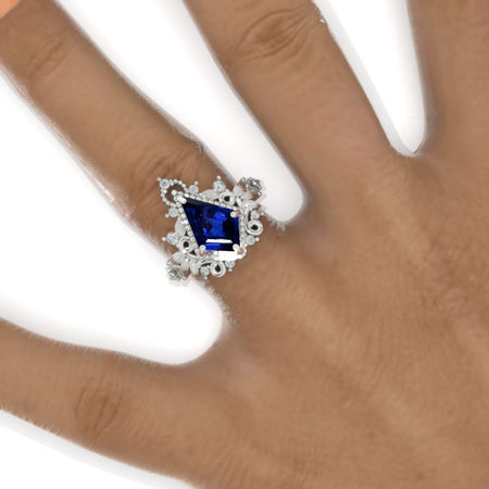 2.5 Carat Kite Royal Blue Sapphire 14K White Gold Engagement Ring. Floral natural Form Ring Model 1154-9x6mm