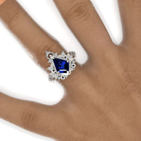 2.5 Carat Kite Royal Blue Sapphire 14K White Gold Engagement Ring. Floral natural Form Ring Model 1154-9x6
