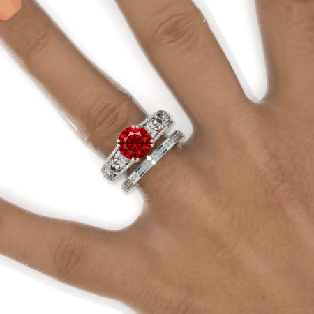 2 Carat Round Ruby Floral Leaves Ornamental Engagement 14K White Gold  Ring Eternity Ring Set