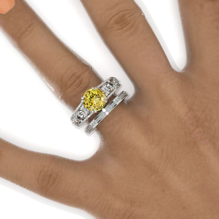 2 Carat Round Yellow Sapphire Floral Leaves Ornamental Engagement 14K White Gold  Ring Eternity Ring Set Model 1155-8