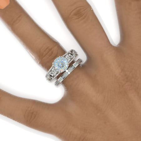 2 Carat Portuguese Cut LAB-Grown Diamond Round Floral Leaves Ornamental Engagement 14K White Gold  Ring Eternity Ring Set Model 1155-8