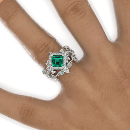 1 Carat Princess Cut Halo Floral Twig Ornamental Engagement 14K White Gold  Ring Eternity Ring Set Model 1152-6x6