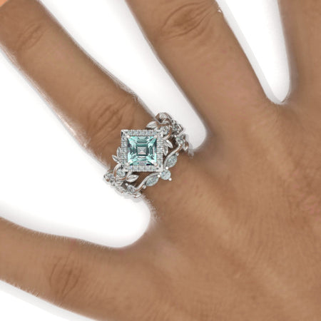 1 Carat Princess Cut Halo Mint Sapphire Floral Twig Ornamental Engagement 14K White Gold  Ring Eternity Ring Set