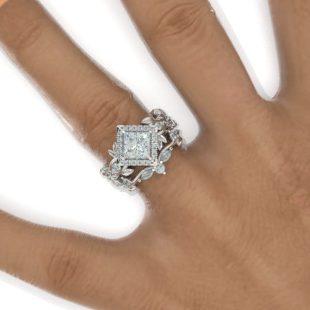 1 Carat Princess Cut Halo Floral Twig Ornamental Engagement 14K White Gold  Ring Eternity Ring Set