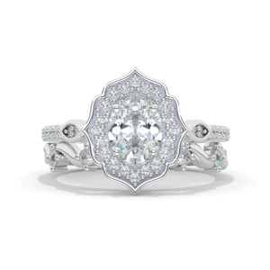 Vintage Oval Shaped Moissanite Engagement Ring 14K White Gold Flower Rose Gold Ring Set for Women. Vintage Oval Halo Gold Ring Set