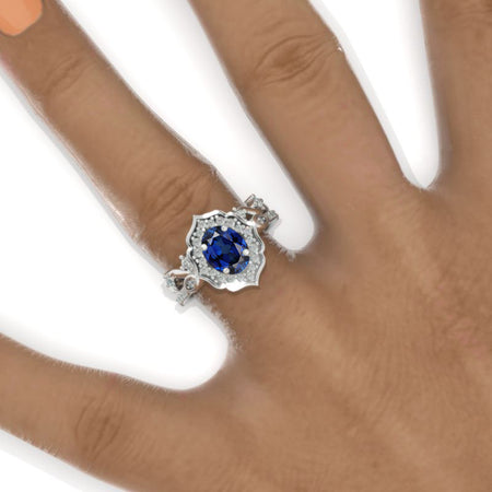Vintage Oval Shaped Royal Blue Sapphire Engagement Ring 14K White Gold Flower Rose Gold Ring Set for Women. Vintage Oval Halo Gold Ring Set Model 1037-8x6
