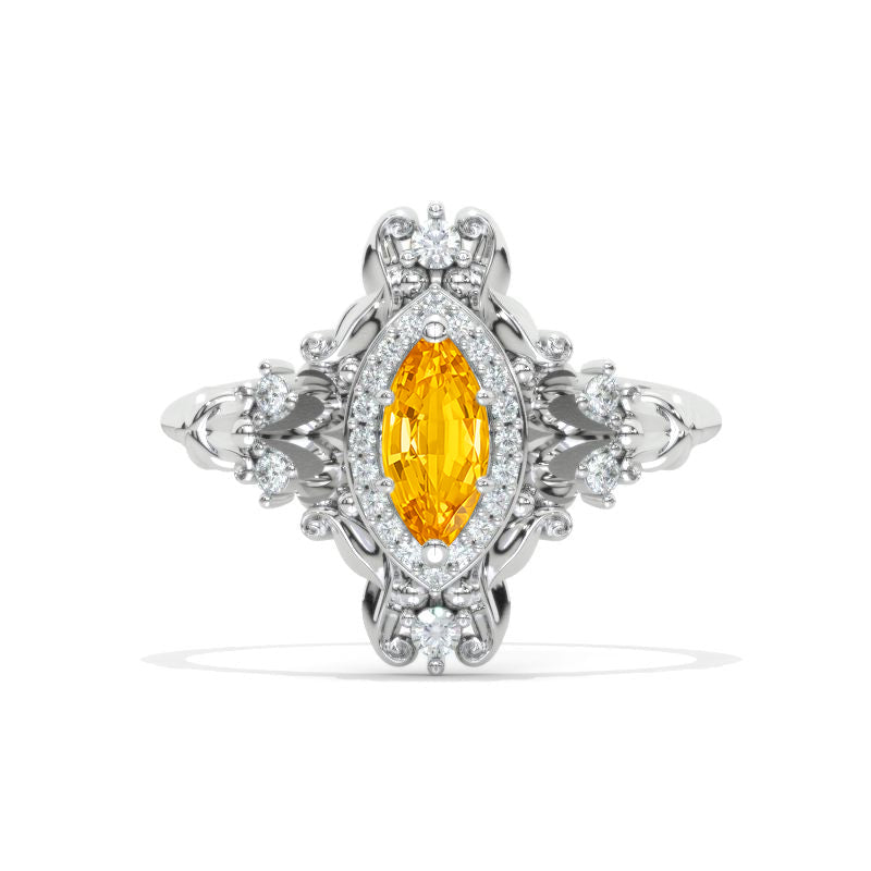 1 Carat Marquise 14K Solid Gold Ring  Marquise Genuine Yellow Citrine Halo Vintage Wedding Ring. Engagement Ring Anniversary Ring, Baguette Side Stones Ring Model 1161