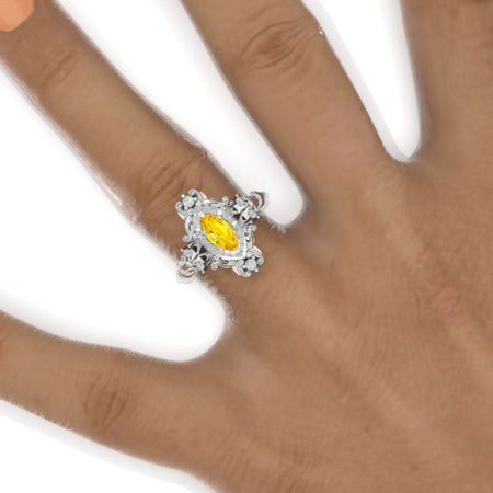 1 Carat Marquise 14K Solid Gold Ring  Marquise Yellow Sapphire Halo Vintage Wedding Ring. Engagement Ring Anniversary Ring, Baguette Side Stones Ring Model 1161