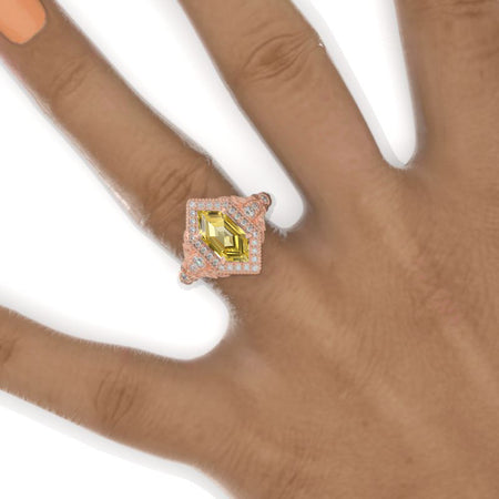 14K White Gold 3 Carat Hexagon Halo Yellow Sapphire Floral Engagement Ring Model 1162-10x6