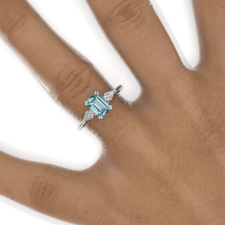 14K White Gold 1.5 Carat Emerald Cut Mint Sapphire Cluster Engagement Ring